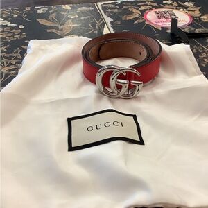 Gucci Red Leather Belt with Silver Double G Buckle